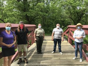 At the final inspection of the Thompson-Neely Camelback Bridge (from left) – Jane Martin and Randall Myer from R-Shell Exteriors, Bethany Hare, Delaware Canal State Park Assistant Manager; Eugene Gelfand, consulting engineer to DCNR; and Susan Taylor, Friends of the Delaware Canal.